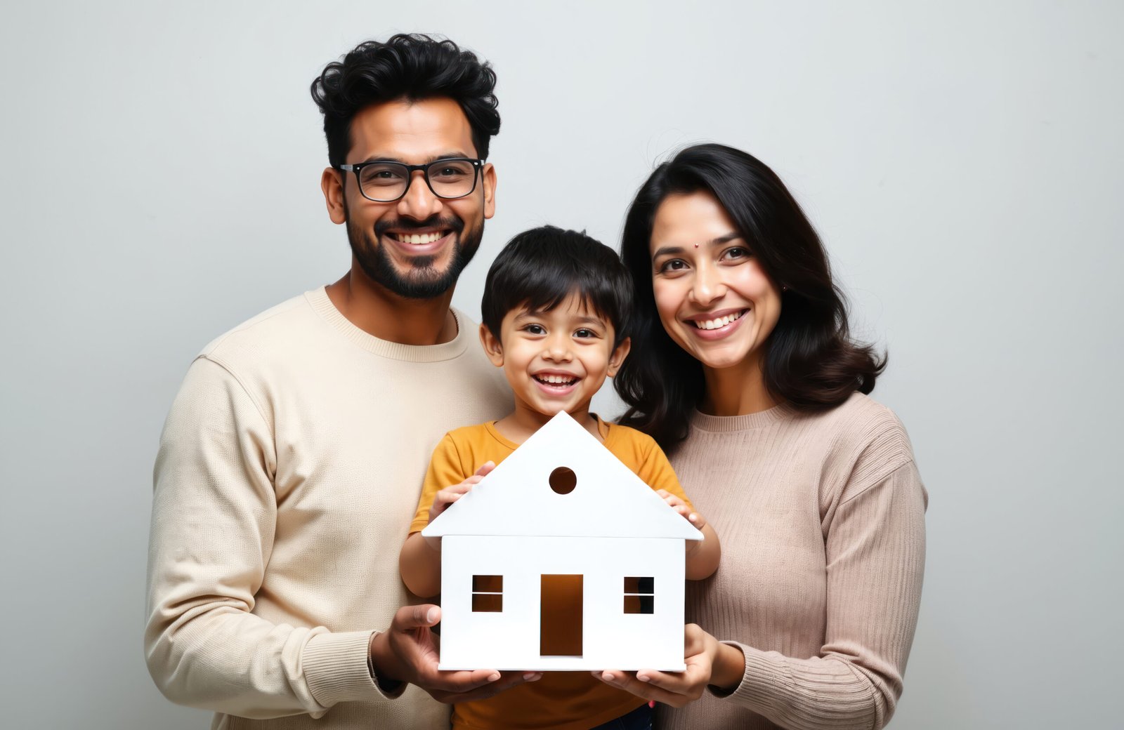 happy indian family holds dream house model. father mother son smile. conceptual image represents buying new home. indian parents with child demonstrate family happiness, real estate concept.